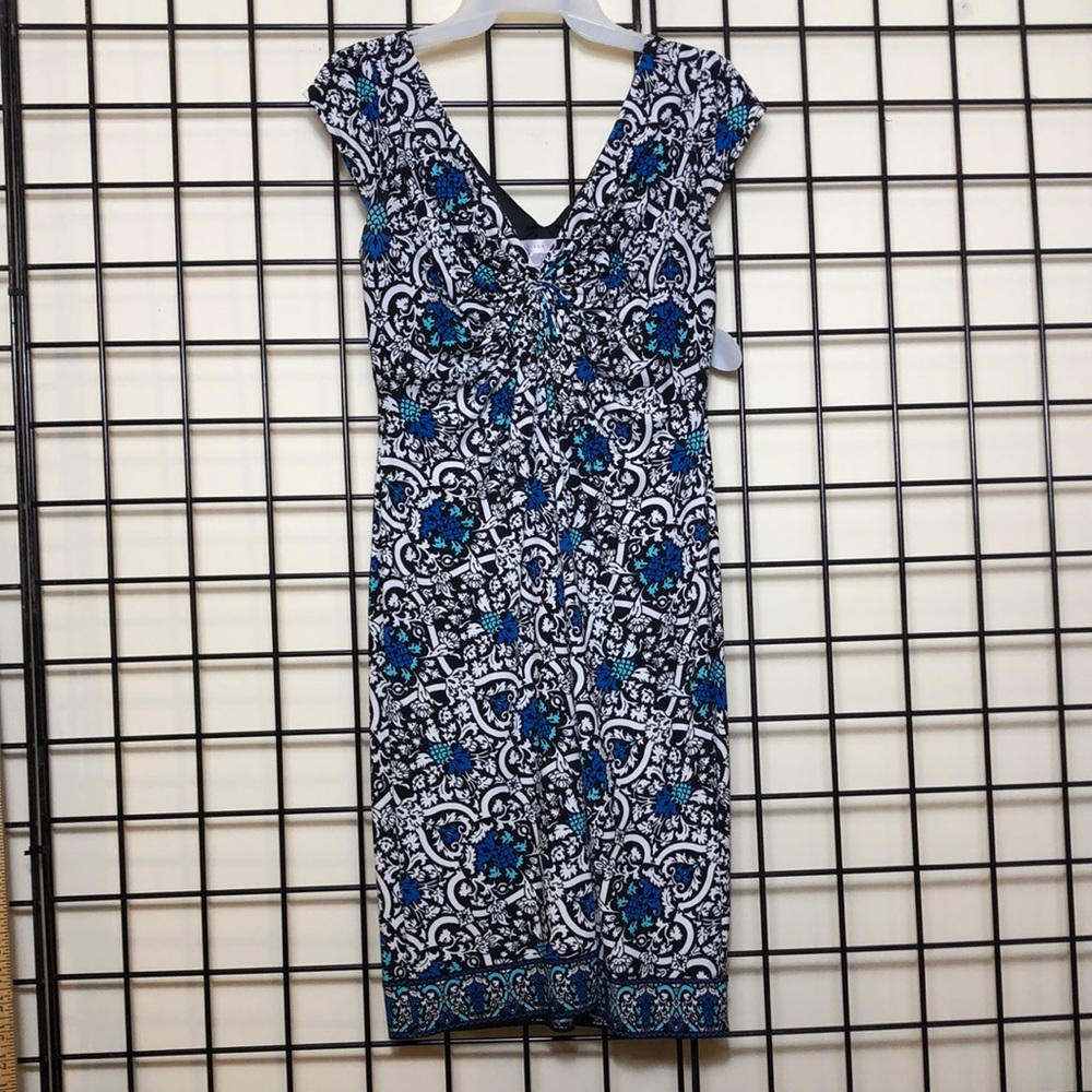 London Times Cap Sleeve Straight Dress Floral Print Ruched Bust Deep V Sz 6 EUC